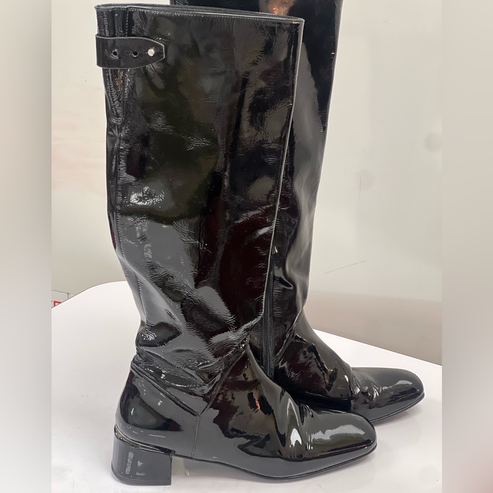 Stuart Weitzman Black Patent Leather Knee-High Heeled Boots